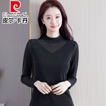 Pierre cardin 2025 spring and autumn new black bright silk mesh bottoming shirt for women with long sleeve t-shirt and fashionable small shirt lace top 6601 black v-shaped silver stand collar xl90 jin 115 jin