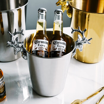 Vinos creative stainless steel ice bucket household small ice bucket champagne bucket bar ktv commercial large ice bucket gift deer head silver 3l + ice clip