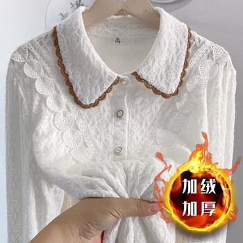 Lauaird 2023 new autumn tops for women, lace doll collar, velvet bottoming shirt, fashionable, versatile and popular t-shirt, white, velvet and thickened, m recommended within 100 pounds