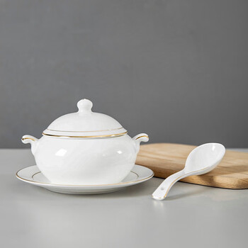 Guotao bone china beauty shop health porridge bowl small stew cup dessert bowl bird's nest bowl soup bowl with lid ceramic buddha jumping over the wall soup cup gold-rimmed shark fin stew cup + plate + spoon (310 ml)