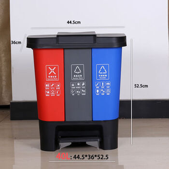 Three-in-one garbage sorting triplet bucket commercial foot-operated three-garbage sorting garbage can single bucket disassembly red gray blue 60l