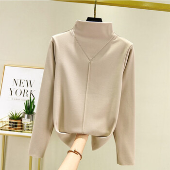 Derong double-faced velvet bottoming shirt for women in autumn and winter, half turtleneck, heated inner layer, warm long-sleeved slim fit and thickened top, apricot l (100-115 catties)