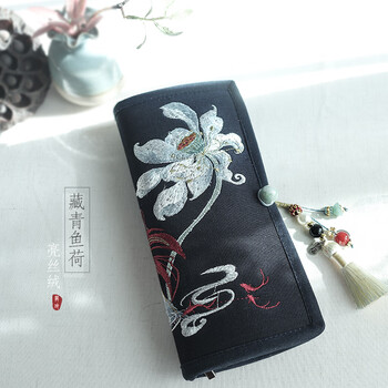 Woodpecker (tucano) chinese element chinese style ancient style literary retro small fresh embroidery canvas velvet long hand wallet bright velvet navy long 8 cards