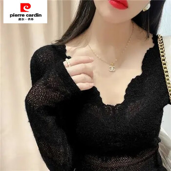 Pierre cardin see-through low-neck lace bottoming shirt for women, low-cut sexy hottie, slim-fitting inner wear, hollow gauze v-neck mesh top, athens black 2xl