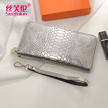 Sephoron fashionable genuine leather long hand wallet women 2026 new korean style zipper wallet hand bag can hold mobile phone snake pattern gold