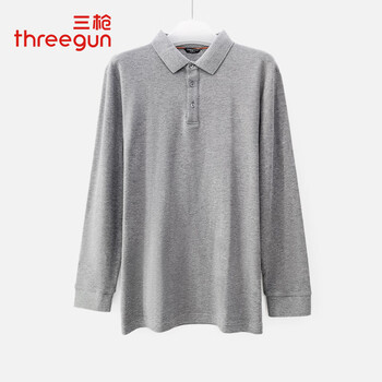 Three-gun long-sleeved men's spring and autumn lapel polo shirt solid color business casual bottoming shirt, light hemp gray l