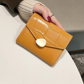 Sephoron new year yellow genuine leather short small wallet women 2026 new simple crocodile pattern folding wallet coin purse rich yellow
