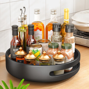 Qianhui kitchen rack household countertop multi-functional rotatable spice rack spice jar spice bottle spice storage tray extra large - black 360 rotation