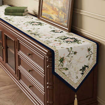 Sailotou light luxury american table flag fabric feel sideboard tv counter top mat dining table cupboard coffee table cover blue pink flower triangular rice table flag 30*120cm suitable for desktop length 70-80cm