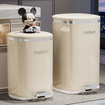 Naming trash can for living room, large with cover, special foot-operated toilet for bedroom, kitchen and home, new light luxury, medium size 15l cream silver (double bucket inside and outside)