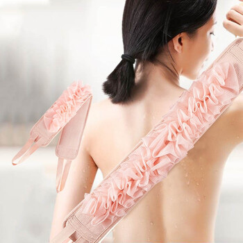 Qikai bath towel with bath flower pull back strip, bath towel without asking for help, two-in-one bath towel with bath flower back rub strip (pink)
