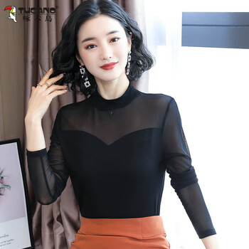 Woodpecker half turtle collar lace mesh bottoming shirt 2025 spring and autumn new style modal women's slim fit long sleeve top 6682 black v hollow stand collar one size (90 jin-130 jin)