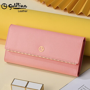 Goldlion g+ goldlilai wallet women's long 2025 new high-end genuine leather wallet brand clutch bag simple clutch pink