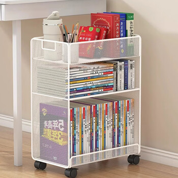 Wooden grid under table storage rack mobile bookshelf floor pulley desk book storage box under table storage cabinet children's picture book shelf white two-layer medium size mobile model dense network collection and purchase priority delivery