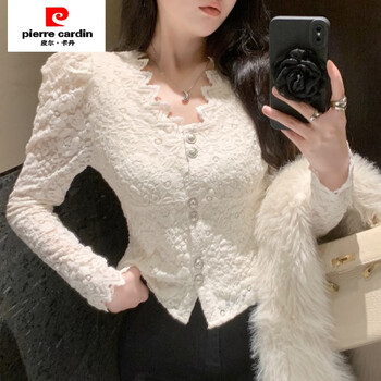 Pierre cardin autumn and winter french brushed plus velvet thickened puff sleeve lace bottoming shirt for women with short v-neck top, apricot m