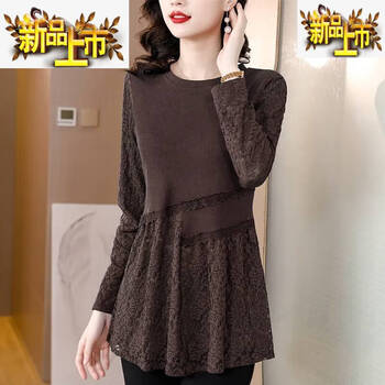 Chujing lace bottoming shirt for women, velvet mid-length autumn top, fashionable and stylish small shirt xl (recommended catties - brown 2xl (recommended 115 catties-125 catties)