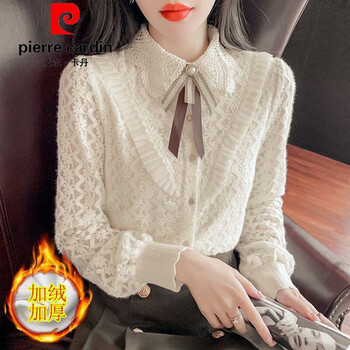 Pierre cardin velvet thickened lace bottoming shirt for women autumn and winter style new winter shirt women's fashionable inner warm top apricot full body official flagship plus velvet s 80-95 pounds