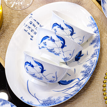 Finger sand underglaze color 2026 blue and white porcelain dishes set household light luxury bone china tableware ceramic dishes housewarming plates bowls and chopsticks annual surplus 58 practical accessories pot 58 heads