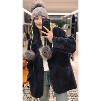 Meiyang blue ribbon coat sheep wool imitation lagon plush warm loose lazy v-neck top fashionable versatile jacket for women blue l