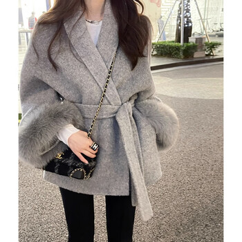 Ceeniu winter fox fur double-sided coat for women, short, small waist, lazy style woolen coat, gray s 90-120 catties