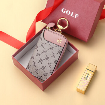 Golf (golf) printed key bag for women, fashionable card holder, multifunctional zipper coin purse, car keychain, smoked powder with apricot color