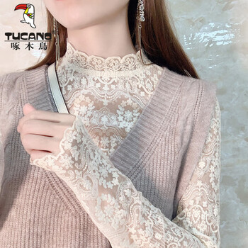 Woodpecker half turtleneck lace bottoming shirt for women 2024 spring and autumn new style foreign style sweater with high-end mesh top small shirt, apricot color, beautiful fashionable chiffon shirt/lace top m recommended 100-115 pounds