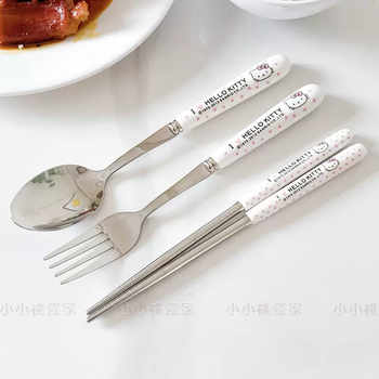 Yusenyi hellokitty korean strawberry soup bowl household ceramic plate cute rice bowl dish plate tableware set kt polka dot chopsticks, fork and spoon three-piece set