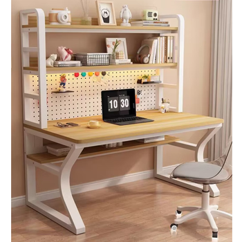 Sangziyuan desktop computer table hole board desk bookshelf integrated table home bedroom study table student writing desk white frame light walnut bold thickened environmentally friendly board 90*60*178cm