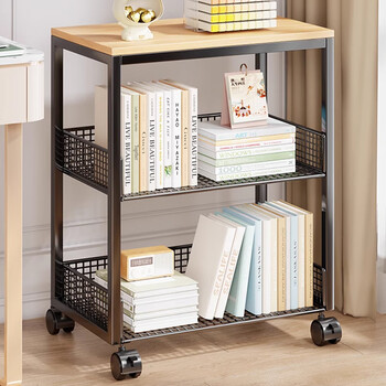 Wooden grid desk bookshelf home study office multi-layer wheeled book file trolley storage rack floor-to-ceiling storage cabinet black three-layer mobile model