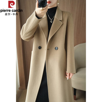 Pierre cardin 25 autumn and winter new double-sided cashmere coat simple mid-length knee-length woolen coat thickened outer cocoa color m