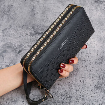 Yizhuchun 2024 new women's wallet long large capacity double zipper hand wallet women's double-layer soft leather wallet women's long black (soft leather double zipper)