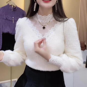 Mesh splicing lace bottoming shirt for women, fashionable and western style inner shirt, autumn and winter versatile thickened and velvet warm top, white, thickened velvet + lace, ready stock xl, recommended 110-120 pounds