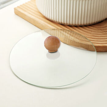 Enshousu household rimless round glass pot lid multi-size universal soup pot lid high temperature resistant transparent pot lid with wooden handle no ventilation holes 11.5cm