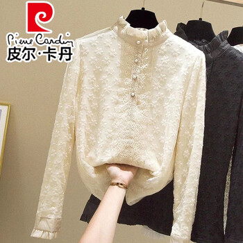 Pierre cardin stand-collar lace shirt for women autumn and winter mesh embroidered long-sleeved thickened velvet bottoming shirt slim fit women's lace shirt apricot plus velvet l 104-113 pounds