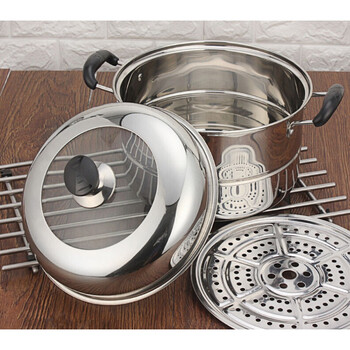 Steel shield steamed bun pot steamed bun pot household steamer large size xpress steamer stainless steel household thickened single layer double bottom single layer one steaming sheet 1cm 26cm