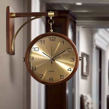 Qutong 2026 new chinese style double-sided wall clock light luxury clock wall hanging simple decorative wall clock living room home wall hanging two-sided double-sided walnut plus alloy (upgraded movement)