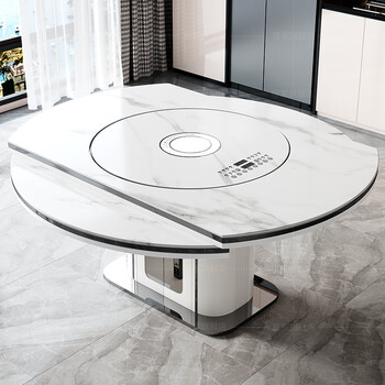 Zuojia multi-functional dining table and chair combination with built-in turntable with induction cooker telescopic square and round dual-purpose thickened rock slab size apartment one table six chairs warm dishes + induction cooker + electric turntable 1.35m