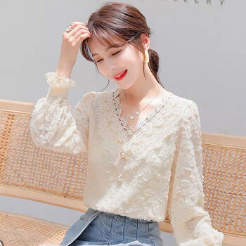 Kahtop2025 new autumn and winter bottoming shirt, western style lace v-neck long-sleeved chiffon top fairy t-shirt djc 734 apricot thin l (recommended 100~115 catties) size is too small