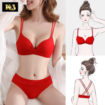 Kj red zodiac year underwear women's set push-up small bra without wires beautiful back horse year of the horse bra as a gift for your girlfriend a style red suit beautiful back style s -32/70a-b