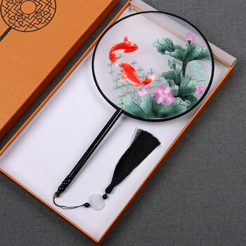 Ancient style embroidered round fan for women, double-sided hand-embroidered round fan, chinese classical hanfu long-handled tassel palace fan, dance fan, lotus pond lotus carp