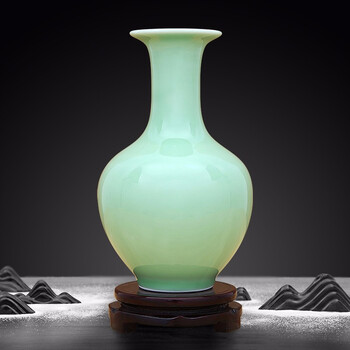 Proud jingdezhen ceramics new chinese style small vase crafts living room ornaments office bogu shelves tea room decorations shadow green appreciation vase (with wooden rotating base)