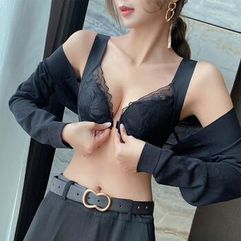 Triumph bra counter sexy lace front button bra women's set push-up wireless large breasts show small thin style black single pack 34/75b