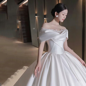 Wutuo one-shoulder wedding dress satin french light 2025 new bridal main veil women's dress with texture for small people, floor-length style with veil, skirt and gloves, weighing around 110, wear l