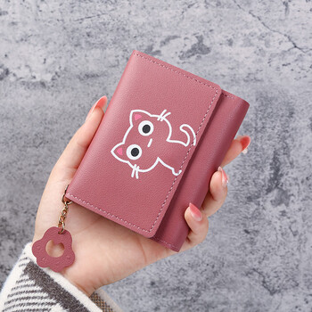 Changyin cute cartoon wallet women's short soft leather korean style fashion tri-fold buckle small fresh student coin clip multiple card slots dark pink
