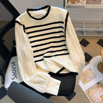 Yu zhaolin french fake two-piece sweater for women spring autumn winter 2025 new women's contrast shirt striped puff sleeve sweater