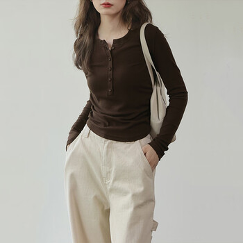 Jin mumailade style long-sleeved brown bottoming shirt t-shirt for women slim and versatile casual top spring and autumn new style coffee color bottoming shirt for women s size