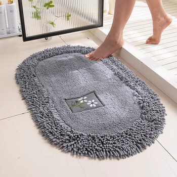 Xiangtu bathroom floor mat, bedroom absorbent foot mat, kitchen non-slip bathroom door chenille carpet door mat pure cotton mat oval-grey 50*80cm (comes with anti-slip mesh mat)
