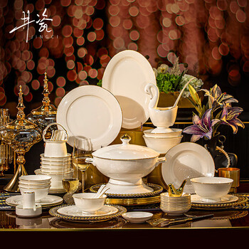 Jingci jingdezhen light luxury bone china tableware set with chopsticks, plates and bowls, high-end hotel housewarming gift, wedding gift, good luck and good luck丨10 people meal丨60 piece set
