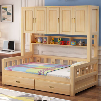 Bangjiang wardrobe bed tatami with cloakroom solid wood with cabinet multi-functional combination small apartment bed cabinet integrated bed log drawer + bookshelf + coconut palm mattress including installation 1500*2000