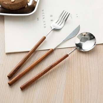 Onlycook wooden handle knife and fork set 304 stainless steel steak knife western tableware household food table knife table spoon table fork three-piece set of knife, fork and spoon